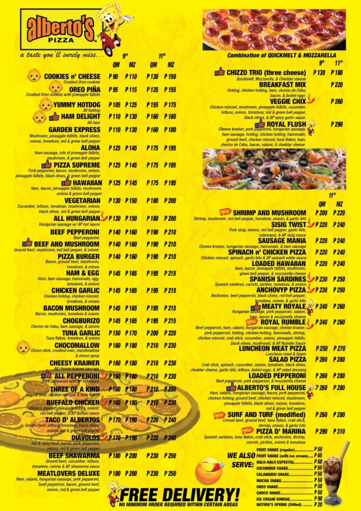 Alberto’s Pizza Menu Prices