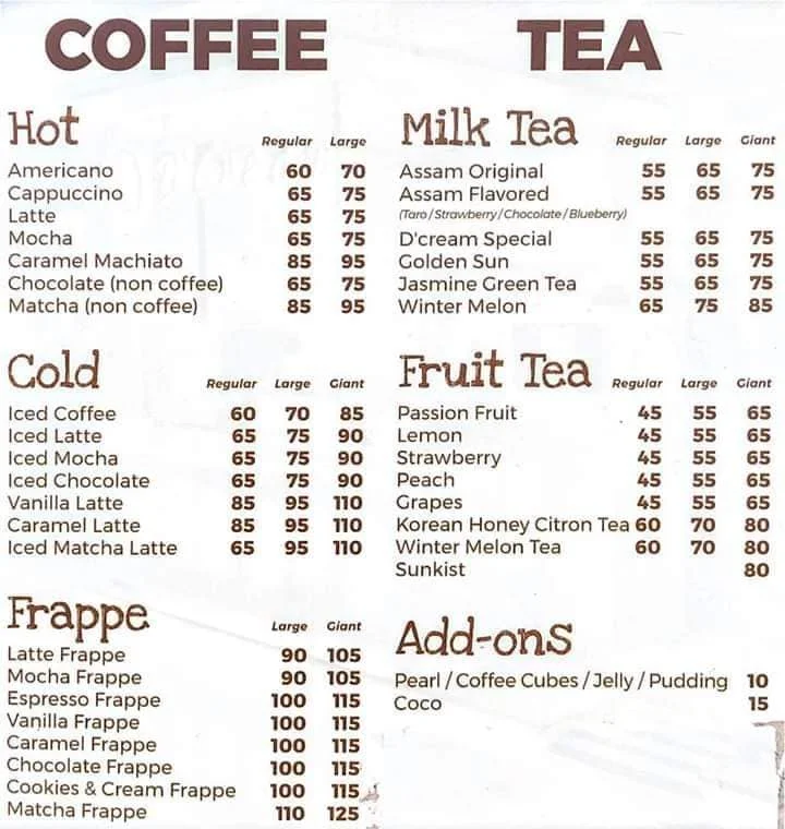D’Cream Coffee And Tea COLD COFFEE Menu