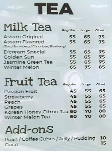 D’Cream Coffee And Tea FRUIT TEA menu