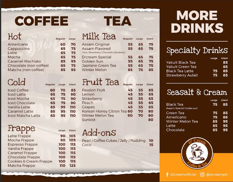 D’Cream Coffee And Tea Menu Prices