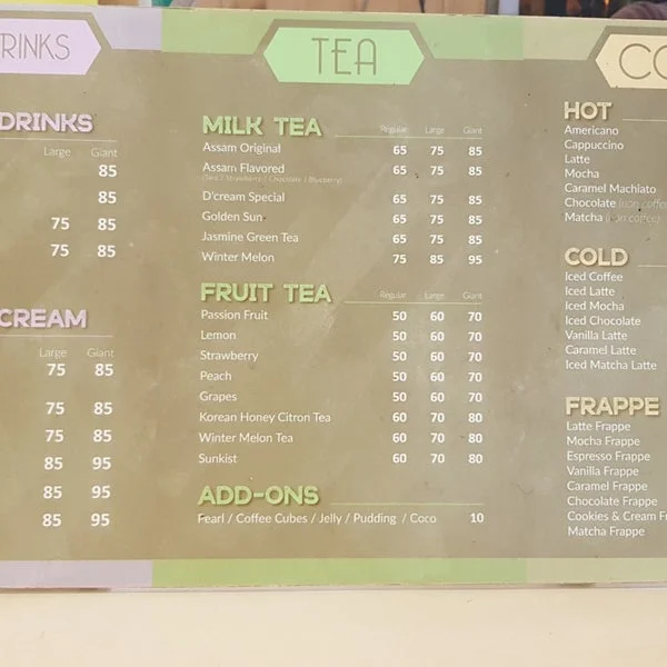 D’Cream Coffee And Tea SPECIALTY DRINKS menu