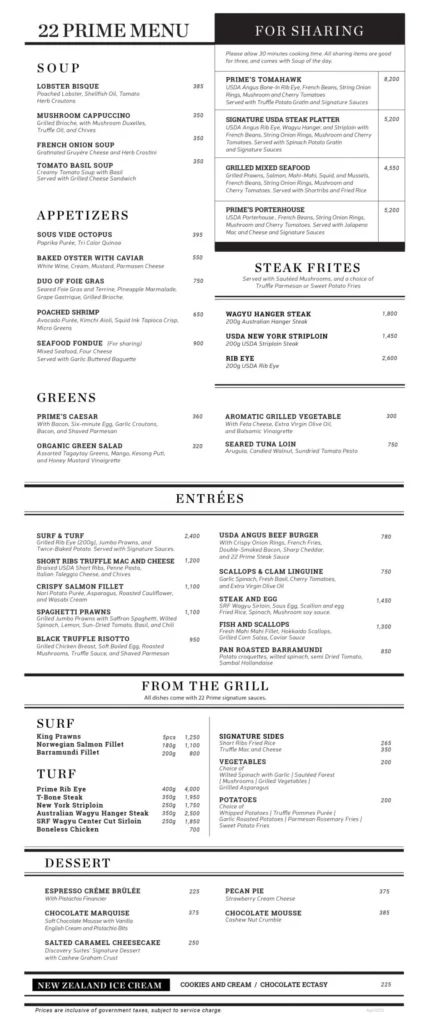 22 Prime Menu Prices