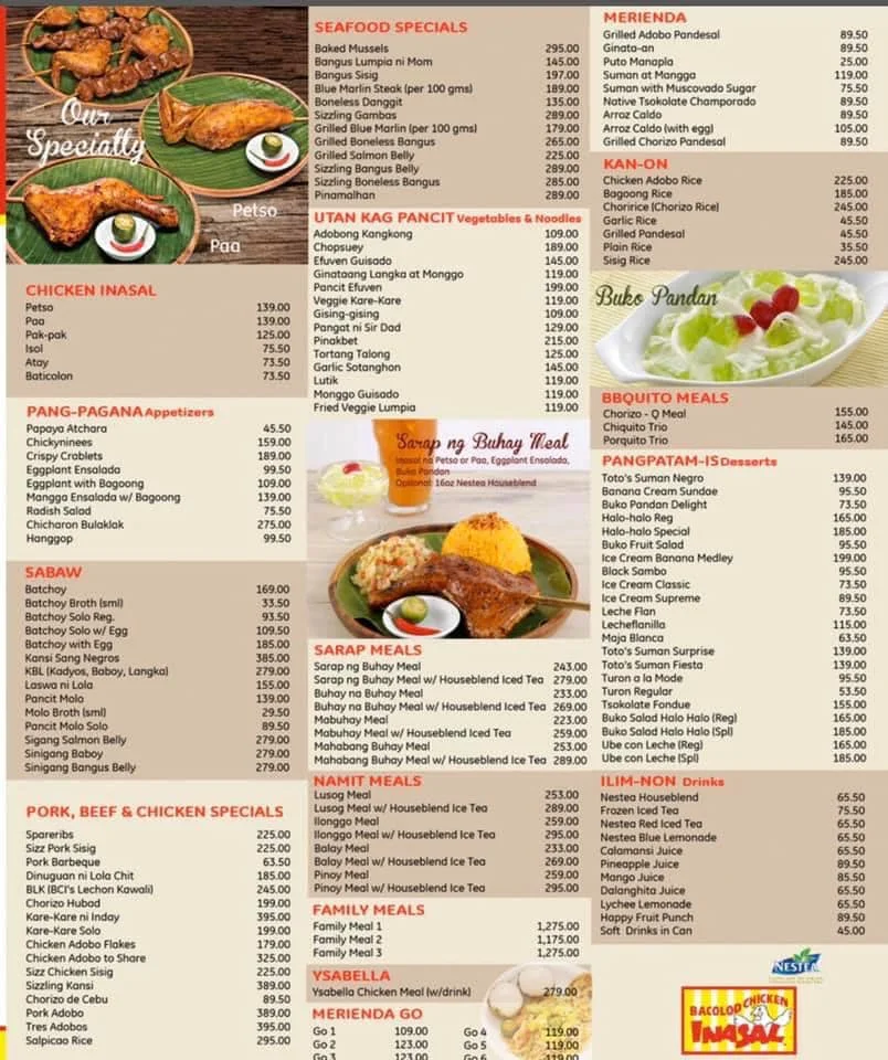 Bacolod Chicken Inasal Menu Prices