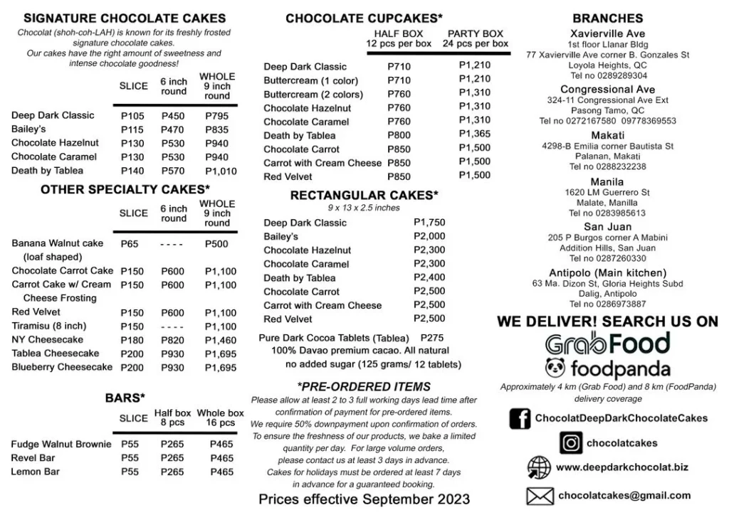 Chocolat Menu Prices