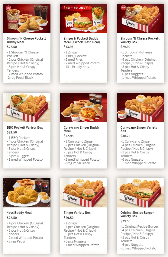 KFC Burgers Menu