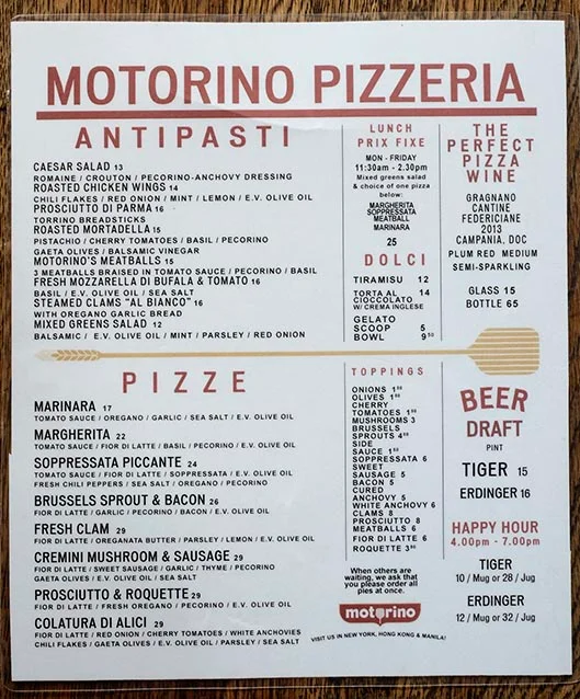 Motorino Pizza Aperitivi & Digestivi Menu