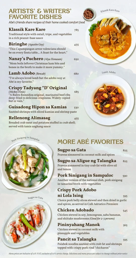 Abe Restaurant Artists and Writers Favorite Dishes Menu