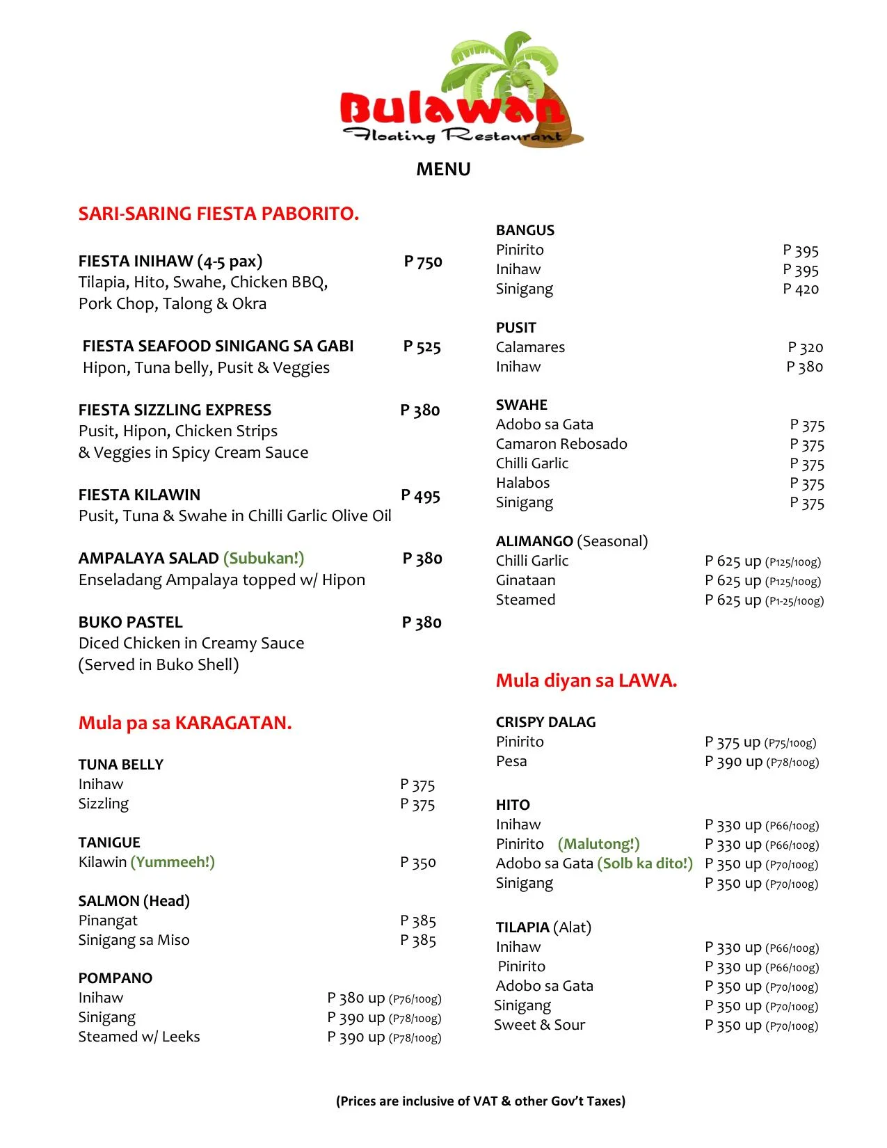 Bulawan Floating Restaurant Menu Prices
