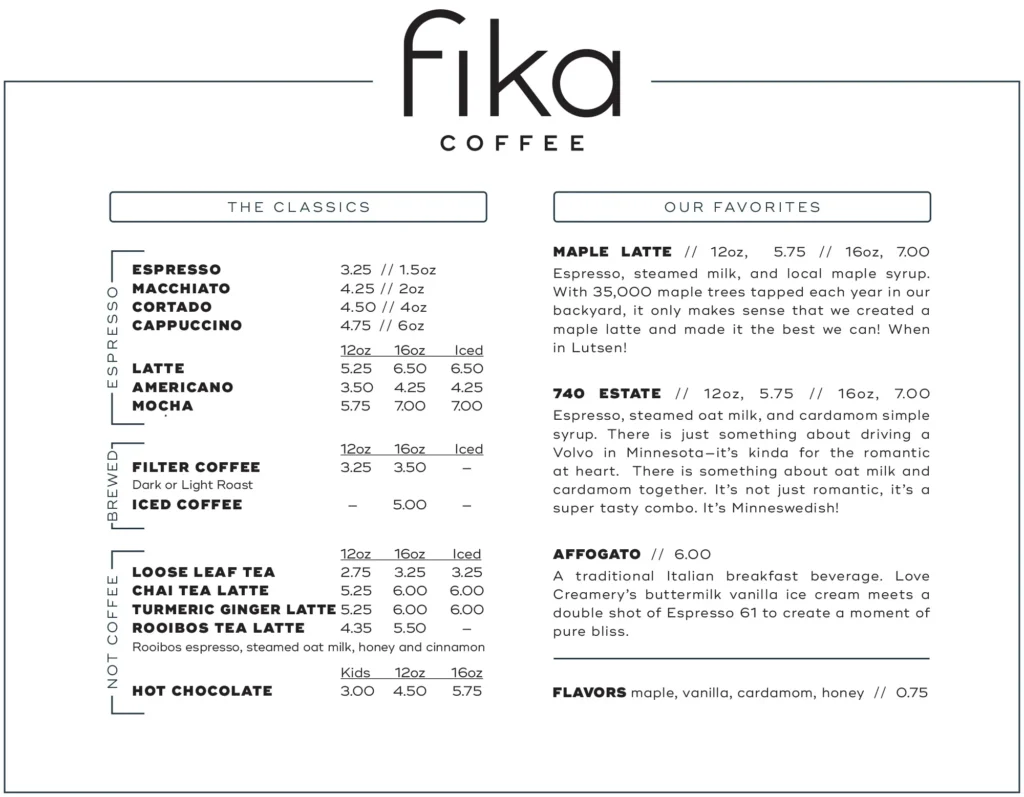 Fiika Café Espresso Bar Menu