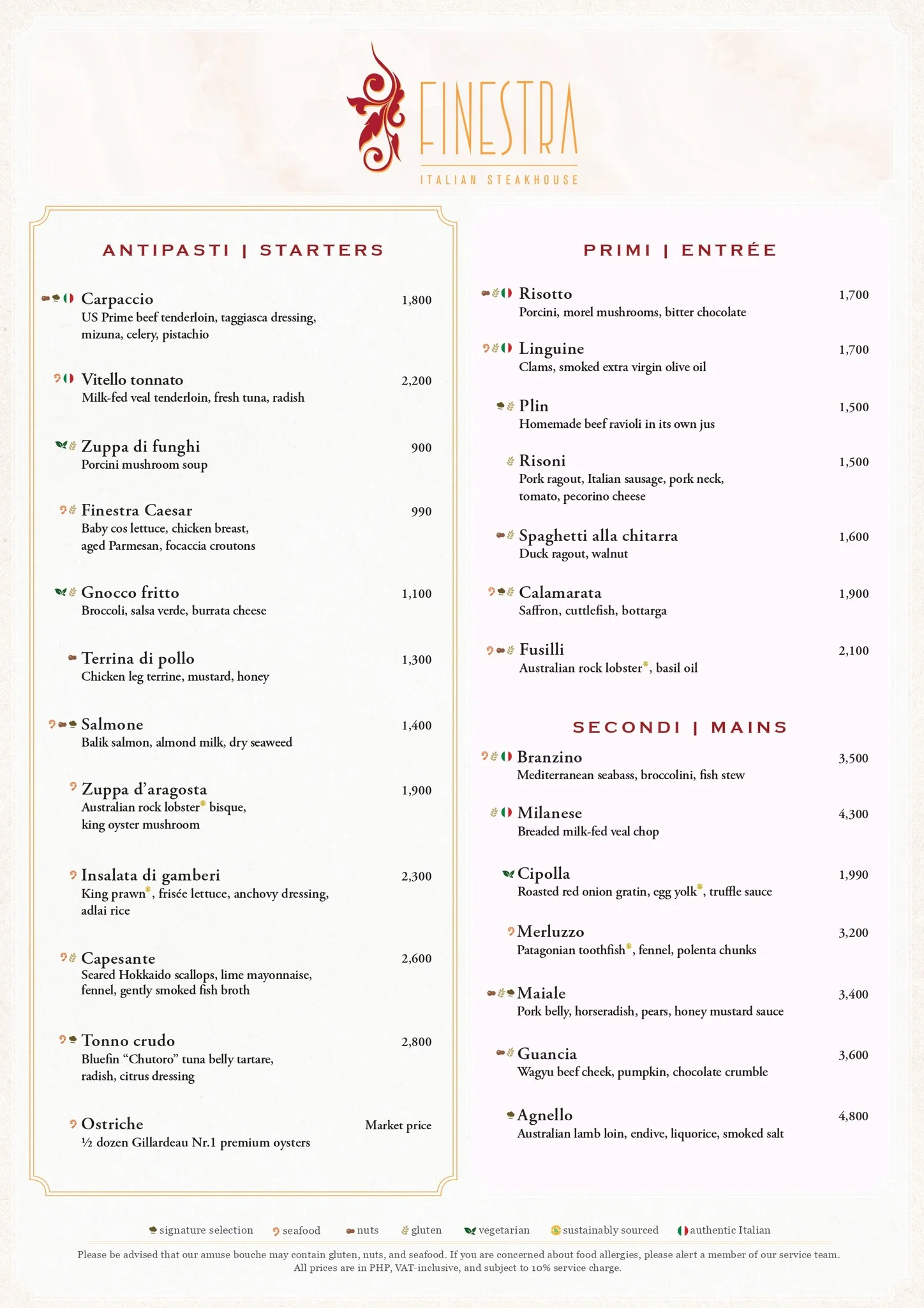 Finestra Italian Steakhouse Menu Prices