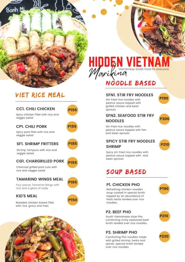Hidden Vietnam Saigon Meals Menu