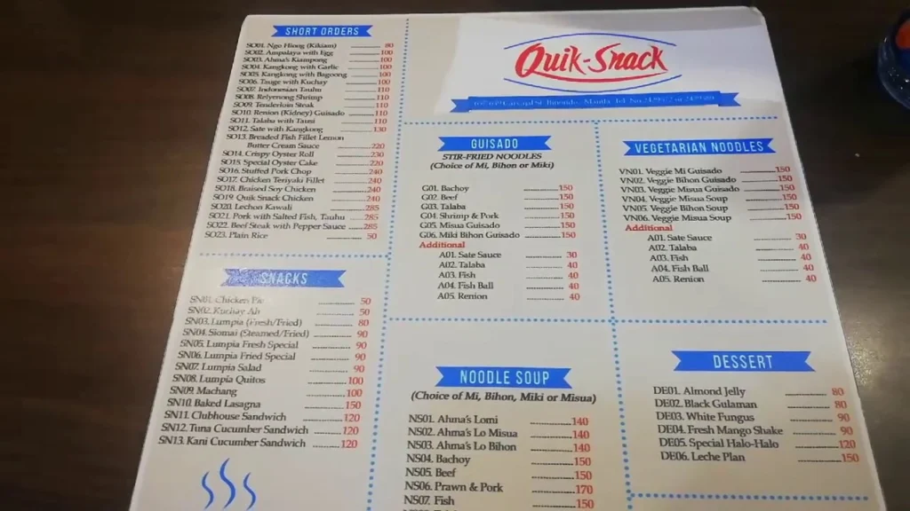 Quik Snack Menu prices