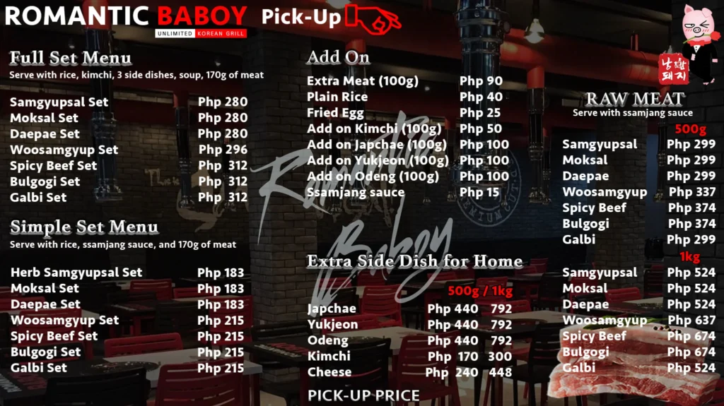 Romantic Baboy Extras Menu Prices